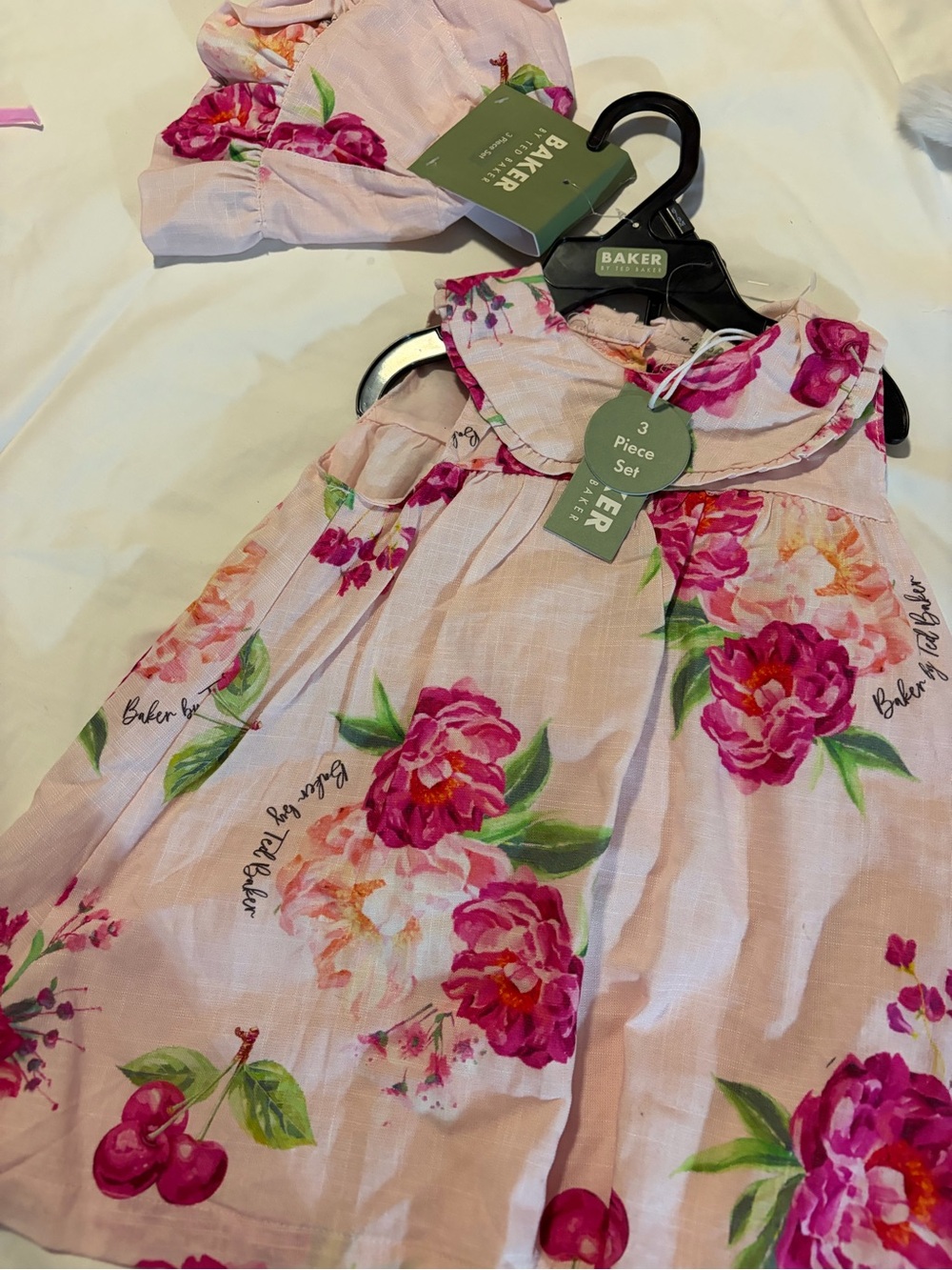 Baker by Ted Baker Pink Floral Baby 3/6Months 3 Piece Dress Bonnet Panties!!